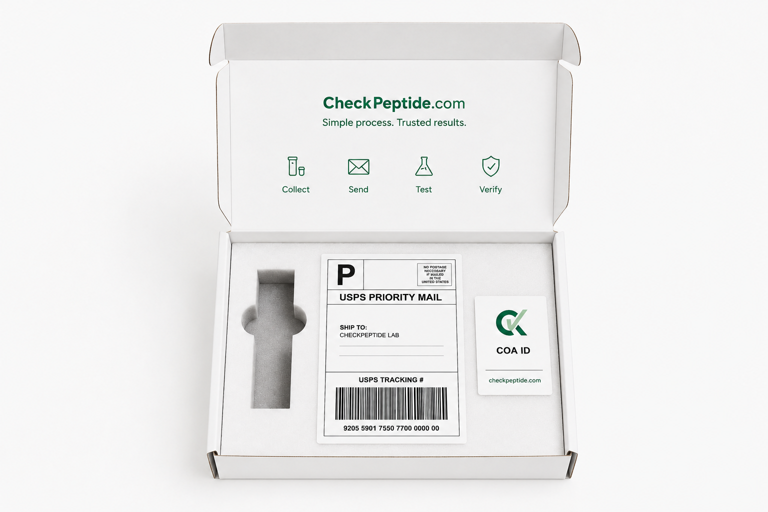 CheckPeptide testing kit — branded box, sample vial, and prepaid FedEx label