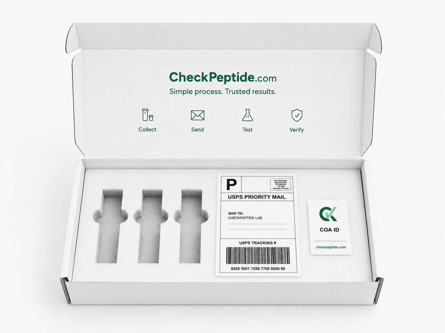 CheckPeptide kit open — vials, instructions, and prepaid label